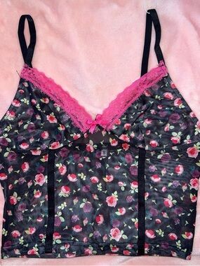 Floral Mesh Camisole with Pink Lace Trim